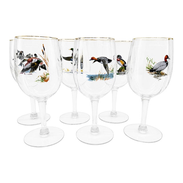 Vintage Ned Smith Waterfowl Series 22k Gold Rim Crinkle Wine Glasses Set of 6 For Sale