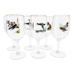 Vintage Ned Smith Waterfowl Series 22k Gold Rim Crinkle Wine Glasses Set of 6