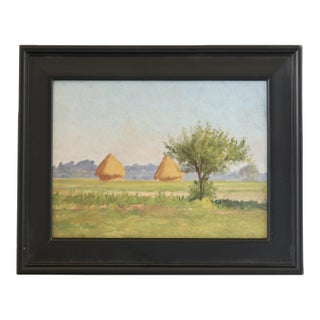 Early 20th Century French Landscape Painting with Haystacks For Sale