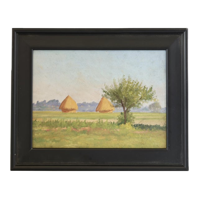 Early 20th Century French Landscape Painting with Haystacks For Sale