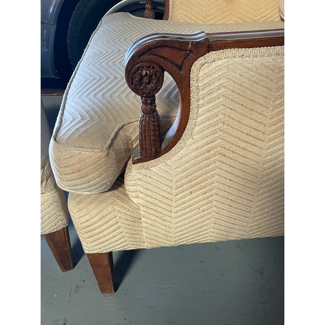 Neoclassical Neoclassical Armchair With Tassel Carved Arm & Ottoman For Sale - Image 3 of 10