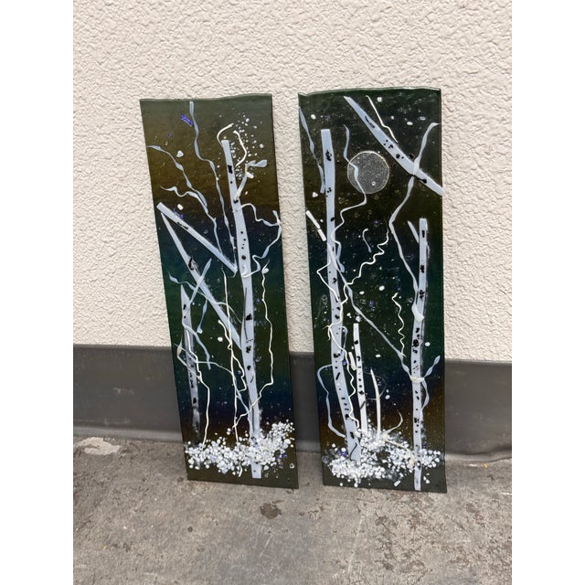Abstract Winter Landscape Glass Wall Art Panels, Set of Two For Sale - Image 10 of 12