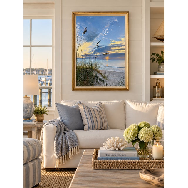 Original coastal oil painting by R. Henderson capturing a peaceful sunset over the ocean, viewed through windswept dunes...