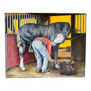 Original Oil Painting of Irish Draught Horse in Stable by Jan Gordon Brown, 2014 For Sale