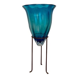 Large Modern Studio Turquoise Glass Vase on Stand Artist Signed For Sale