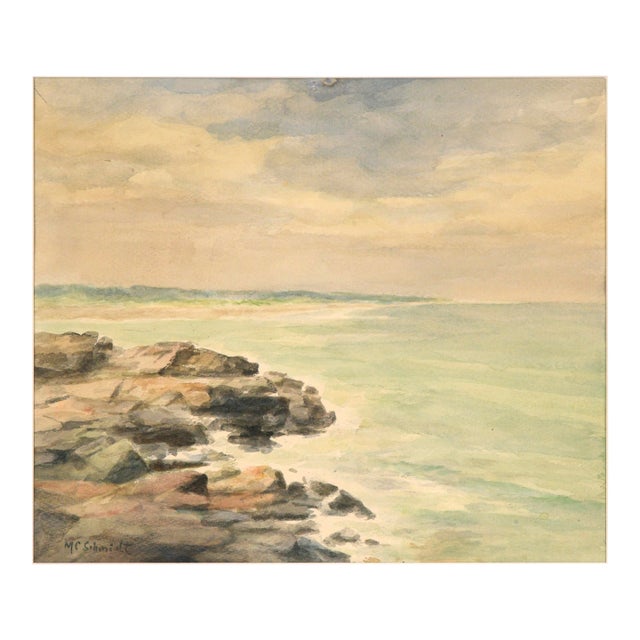Rocky Shore, Mid Century Watercolor Seascape by M. C. Schmidt For Sale