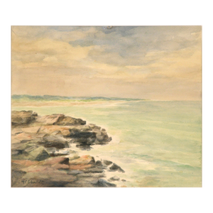 Rocky Shore, Mid Century Watercolor Seascape by M. C. Schmidt