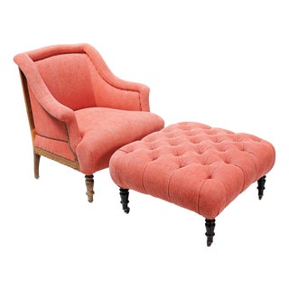 Napoleon III Brique Linen Salon Chair and Tufted Ottoman, Set of 2 For Sale