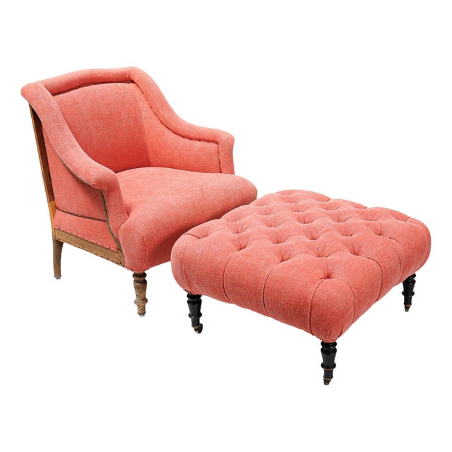 Napoleon III Brique Linen Salon Chair and Tufted Ottoman, Set of 2 For Sale