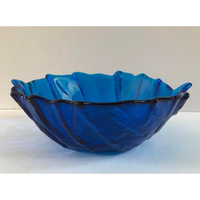 MidCentury Modern Large Blenko Blue Glass Cabbage Leaf Serving Bowl