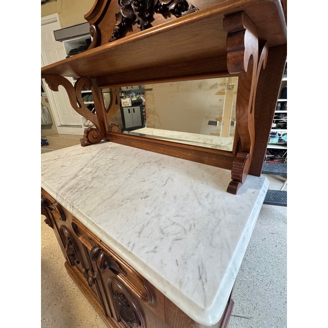 Victorian Antique 19th Century Victorian Walnut Marble Top Carved Buffet /Sideboard /Server /Cabinet/Hutch For Sale - Image 3 of 11