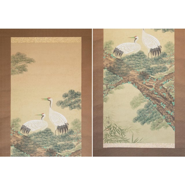 Large vintage Japanese silk scroll painting "Red-Crowned Cranes and the Big Old Pine Tree". Signed and sealed by artist....