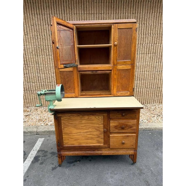 Antique Early 20th Century Farmhouse Kitchen Hoosier Oak Wood Pantry Cabinet or Cupboard With Pie Safe and Flour Sifter for Decor. For Sale - Image 4 of 11