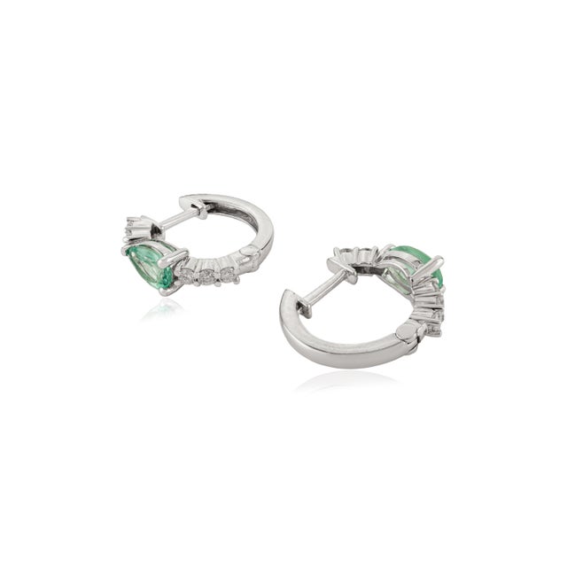 Metal Trendy Pear Cut Emerald & Diamond Huggie Hoop Earrings in 14k Gold Fine Jewelry- A Pair For Sale - Image 7 of 12