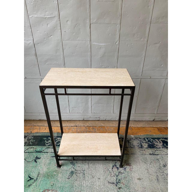 Contemporary Custom Bronze Iron Console Table With Travertine Shelves For Sale - Image 3 of 12