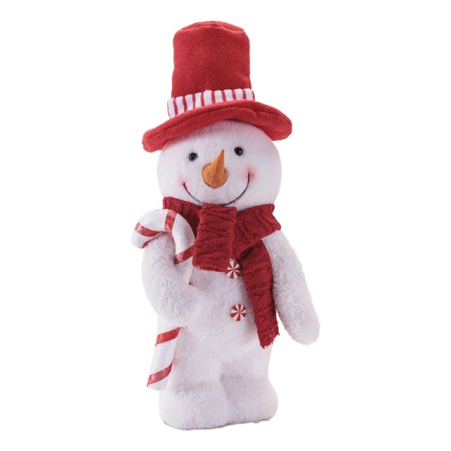 Plush Snowman Figurine with Candy Cane andRed Hat For Sale