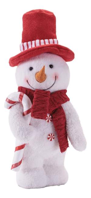 Plush Snowman Figurine with Candy Cane andRed Hat