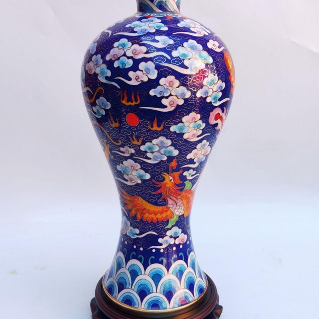 Late 20th Century Vintage Cloisonné Enamel Meiping Vase – Dragon & Phoenix Motif, With Box & Stand For Sale - Image 5 of 9