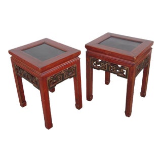 Pair Chinese Red Lacquer Wood Side Tables For Sale