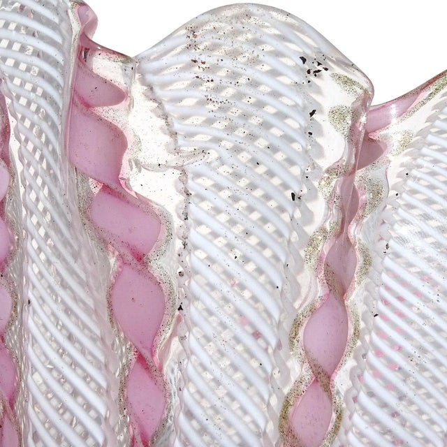 Murano Vintage Pink Aventurine Flecks White Zanfirico Ribbons Italian Art Glass Fazzoletto Handkerchief Vase For Sale - Image 10 of 10
