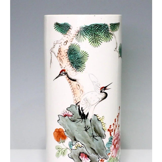 Large Chinese Republic White Porcelain Cylinder Vase, Hat Stand With Red Crowned Cranes on Wood Display Stand For Sale In Tampa - Image 6 of 11