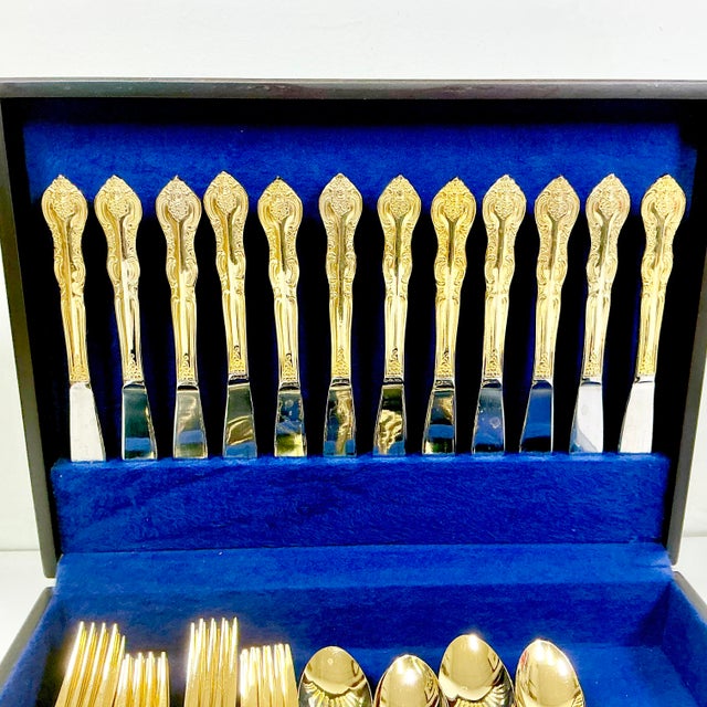 Metal 1970s Vintage Hollywood Regency Baroque Gold Electro Plated Flatware, Service for 11 - Set of 69 For Sale - Image 7 of 12