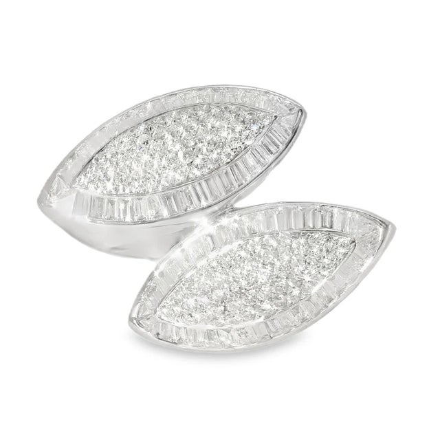 18K White Gold Baguette Diamond Designer Ring Band. This impressive designer ring features numerous brilliant round...