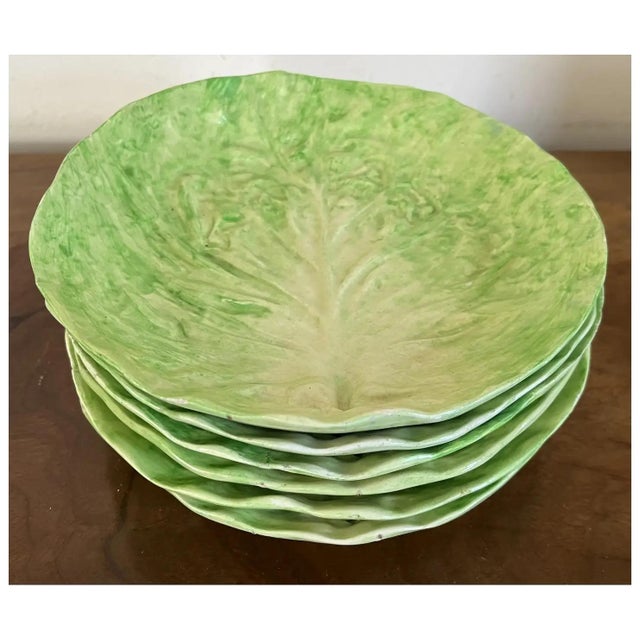 Set 6 French green glazed hand made pottery lettuce or cabbage leaf plates. Naturalistically molded with relief detail....