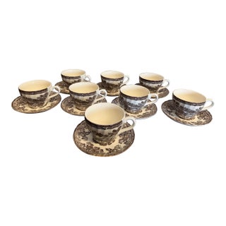 Mid 20th Century Chocolate Brown English Transferware Cups - Set of 16 For Sale