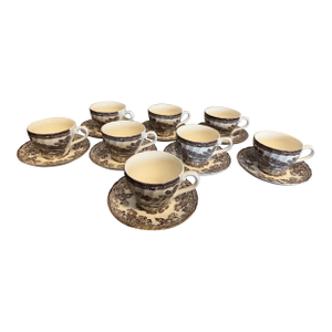 Mid 20th Century Chocolate Brown English Transferware Cups - Set of 16