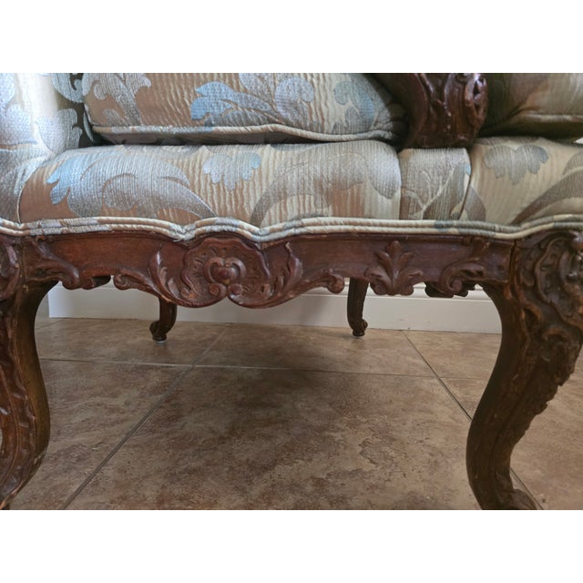 Antique French Regency Bergere Armchairs, Walnut Hand-Carved in France, 18th Century, a Pair For Sale - Image 10 of 15