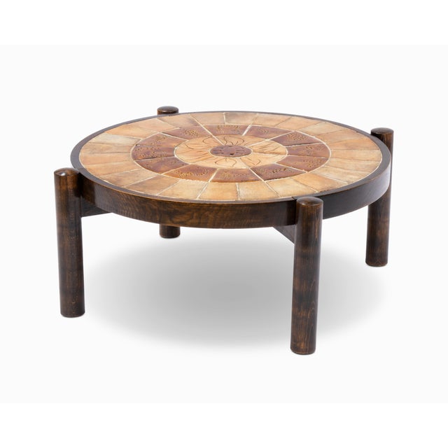 Wood Vintage Mid Century French Ceramic "Zodiac" Tile Coffee Table by Roger Capron For Sale - Image 7 of 8