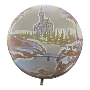Antique Beyermann Haida Glass Art Nouveau Church Scene Hinged Lid Box Jar