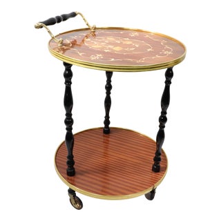 1960s Mid Century Modern Rolling Brass Wood Floral Inlay Bar Cart For Sale