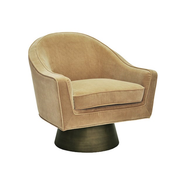 Contemporary Matthew Izzo Home Dominic Camel Velvet Barrel Back Swivel Chair on Handpainted Brushed Bronze Base For Sale - Image 3 of 6