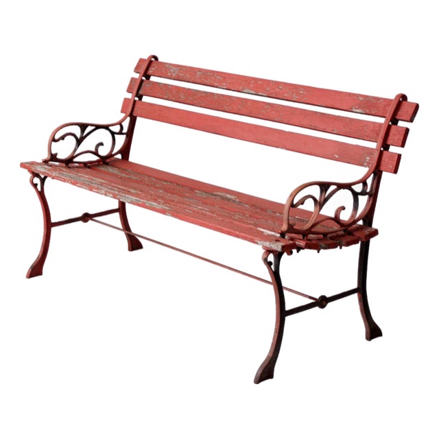 Vintage Red Iron and Wood Garden Bench For Sale
