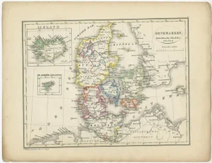 Antique Map of Denmark with an Inset of Iceland, 1852