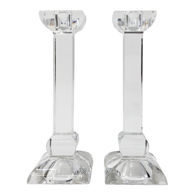 Vintage Bohemia Squared Column Crystal Candlestick Holders, a Pair For Sale