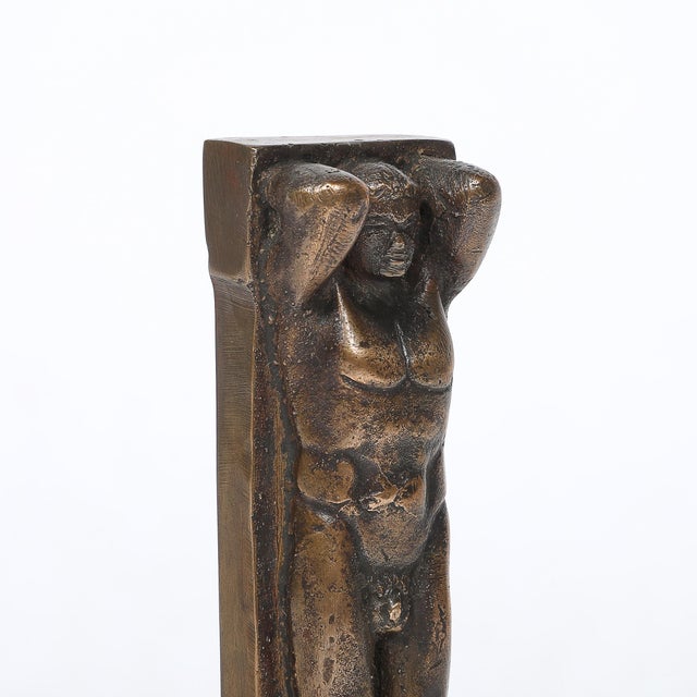 Art Deco Bronze Telamon Sculpture on Rectilinear Variegated Rose Hue Marble Base For Sale - Image 9 of 10