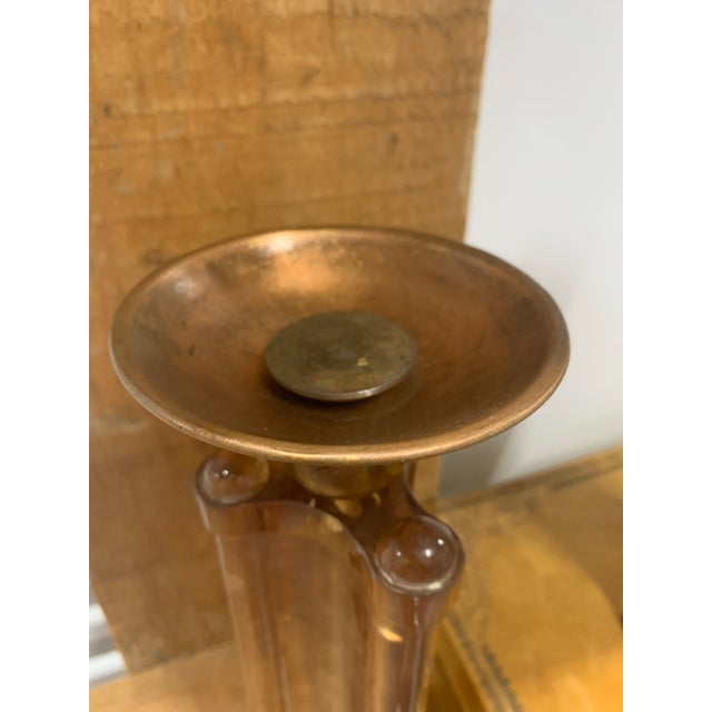 Mid 20th Century Pair of Mid-Century Modern Amber Acrylic Bamboo & Copper Candle Holders For Sale - Image 5 of 6