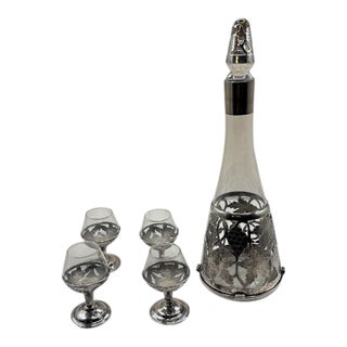 Vintage RRT Sterling Silver Decanter Set With 4 Cordial Glasses For Sale