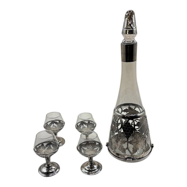 Vintage RRT Sterling Silver Decanter Set With 4 Cordial Glasses For Sale