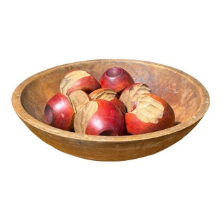 Vintage Folk Art Hand-Carved "Bitten" Wooden Apples & Rustic Bowl Set (8 Pieces) For Sale