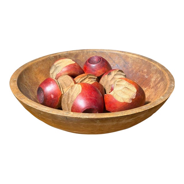 Vintage Folk Art Hand-Carved "Bitten" Wooden Apples & Rustic Bowl Set (8 Pieces) For Sale