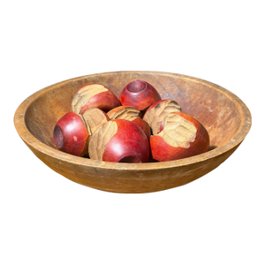 Vintage Folk Art Hand-Carved "Bitten" Wooden Apples & Rustic Bowl Set (8 Pieces)