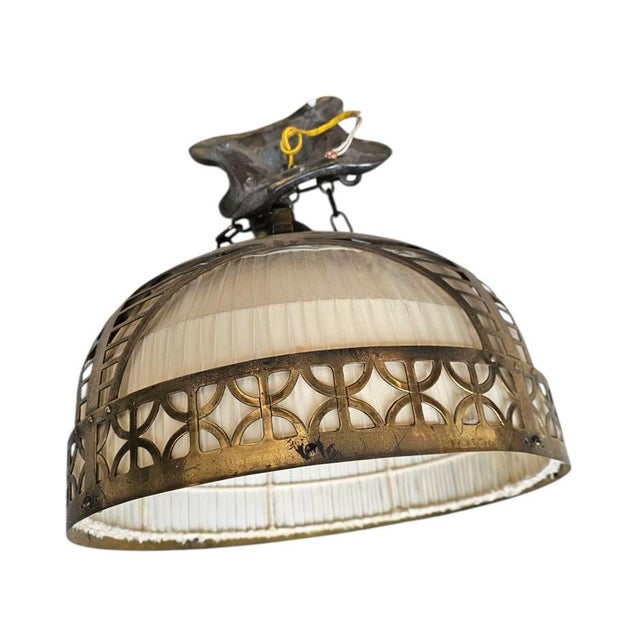 Beige Amsterdam School Hanging Lamp in Copper and Linen from Johanna van Eijbergen, 1920s For Sale - Image 8 of 9