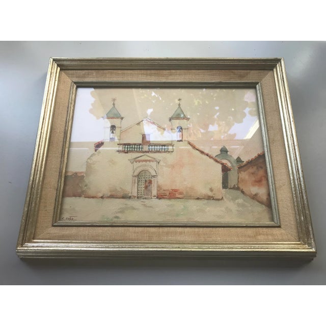 Beige Vintage 1960s Original Watercolor Painting of Spanish Mexican Mission, Signed S. Ortiz, Framed For Sale - Image 8 of 10
