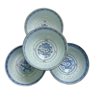 1970s Chinese Porcelain Rice Grain Dragon Gold Gilded Rim 5" Rice Bowls - Set of 4