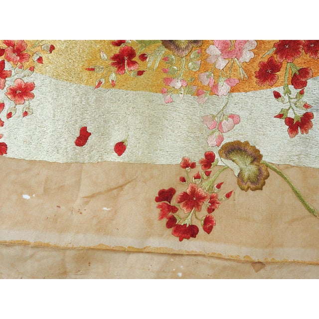 Late 19th Century Late 19th Century Distressed Silk Embroidered Floral Still Life on Cotton For Sale - Image 5 of 10