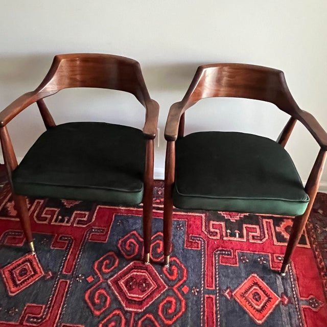 Wood Mid-Century Modern Chairs, Jasper Chair Company Walnut Armchairs in Emerald Green Velvet- A Pair For Sale - Image 7 of 12